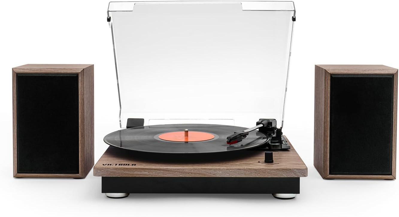 Victrola Quincy - 6-in-1 Bluetooth Record Player - Walnut | Plays vinyl, CD, cassette and FM radio through built-in stereo speakers, Bluetooth and aux streaming, headphone jack