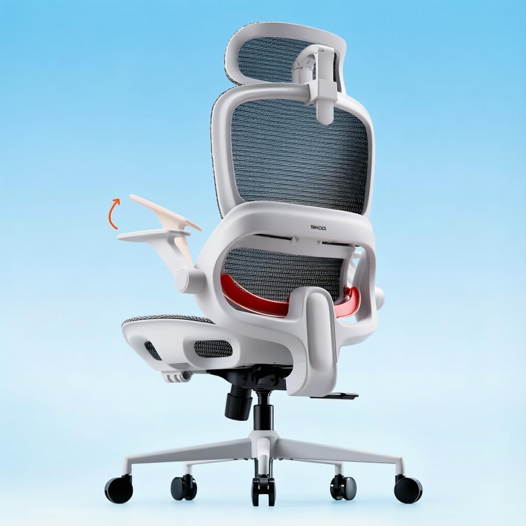 B100 Office Chair, Comfy Ergonomic Office Chair, High Back Computer Chair with Adaptive Lumbar Support & wide Headrest, Flip-up Armrests, Swivel Desk Chair for Long Hours, WITHOUT Footrest, Grey