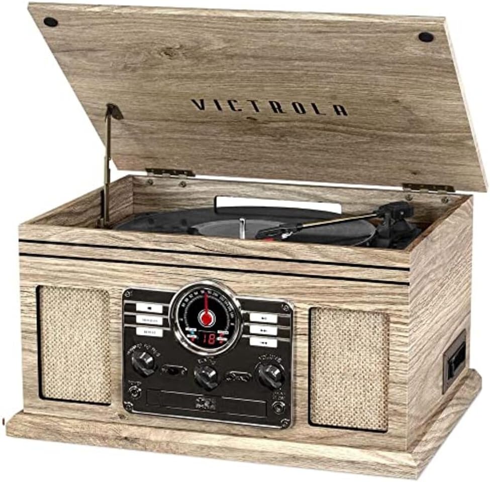Victrola Quincy - 6-in-1 Bluetooth Record Player - Mahogany | Plays vinyl, CD, cassette and FM radio through built-in stereo speakers, Bluetooth and aux streaming, headphone jack