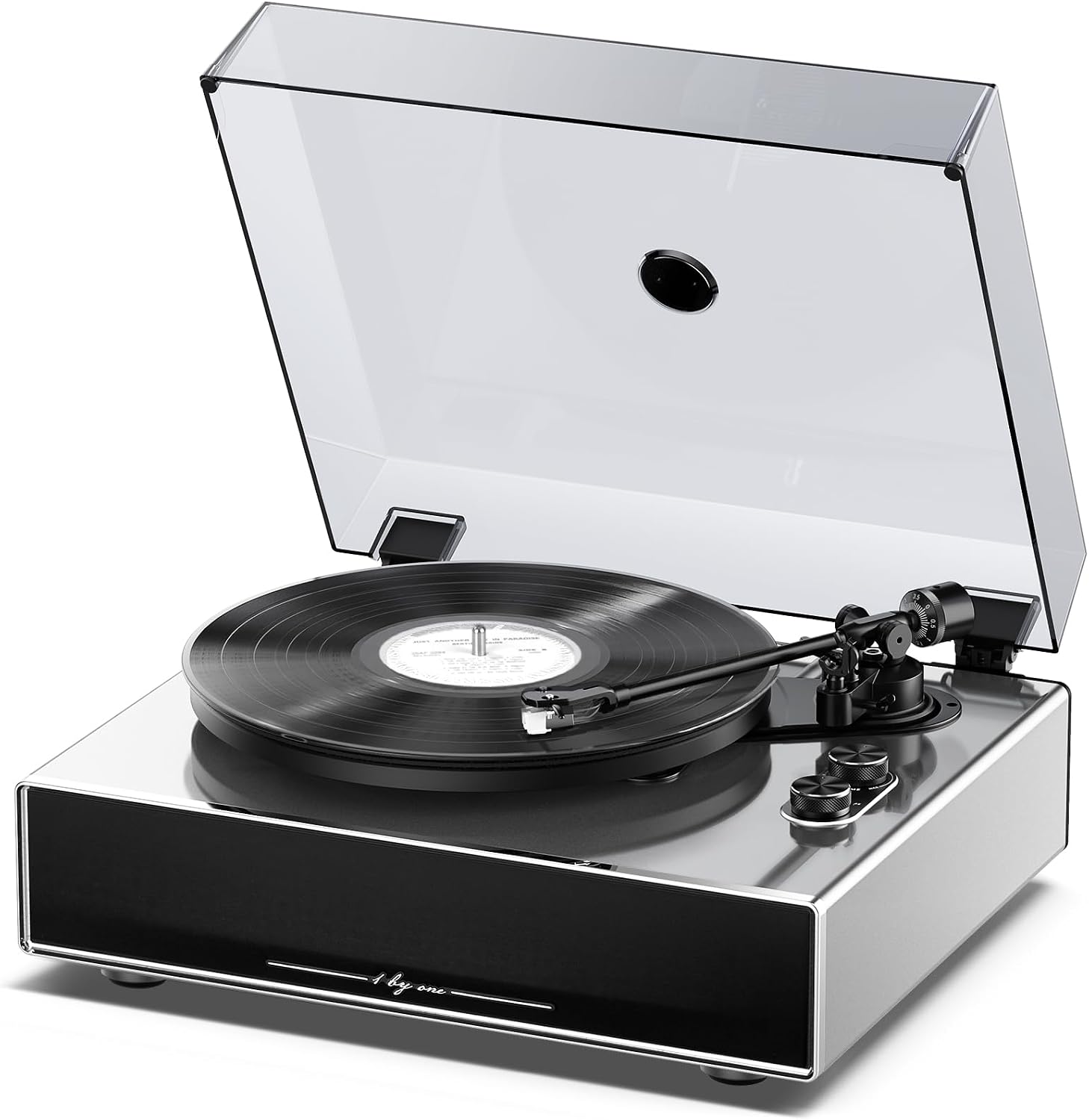 1 BY ONE High Fidelity Belt Drive Turntable with Built-in Speakers, Vinyl Record Player with Magnetic Cartridge, Wireless Playback and Aux-in Functionality, Auto Off