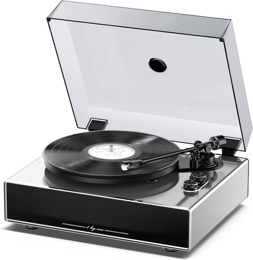 1 BY ONE High Fidelity Belt Drive Turntable with Built-in Speakers, Vinyl Record Player with Magnetic Cartridge, Wireless Playback and Aux-in Functionality, Auto Off