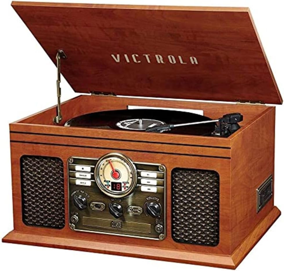 Victrola Quincy - 6-in-1 Bluetooth Record Player - Walnut | Plays vinyl, CD, cassette and FM radio through built-in stereo speakers, Bluetooth and aux streaming, headphone jack