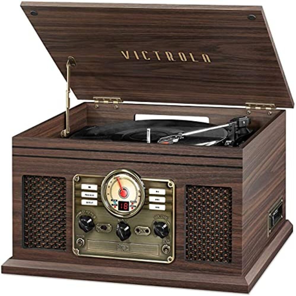 Victrola Quincy - 6-in-1 Bluetooth Record Player - Mahogany | Plays vinyl, CD, cassette and FM radio through built-in stereo speakers, Bluetooth and aux streaming, headphone jack