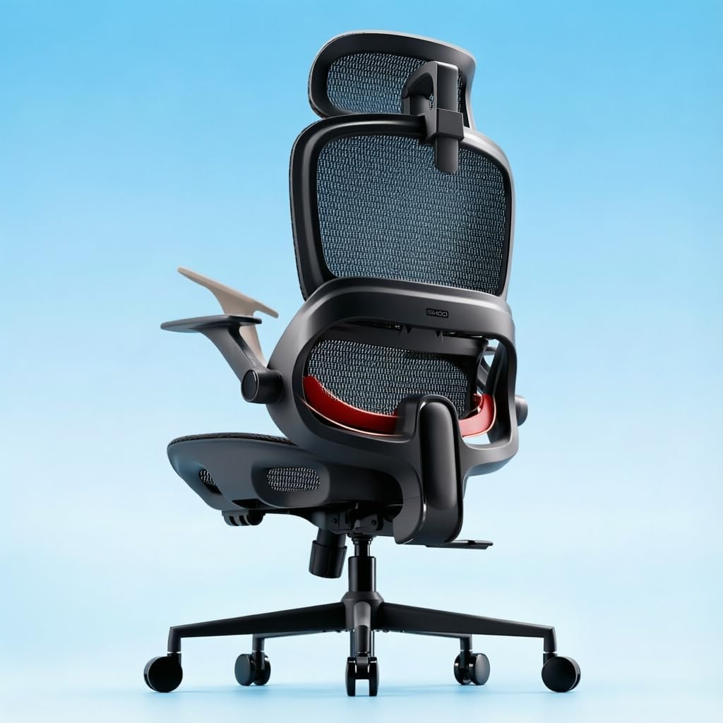 B100 Office Chair, Comfy Ergonomic Office Chair, High Back Computer Chair with Adaptive Lumbar Support & wide Headrest, Flip-up Armrests, Swivel Desk Chair for Long Hours, WITHOUT Footrest, Grey