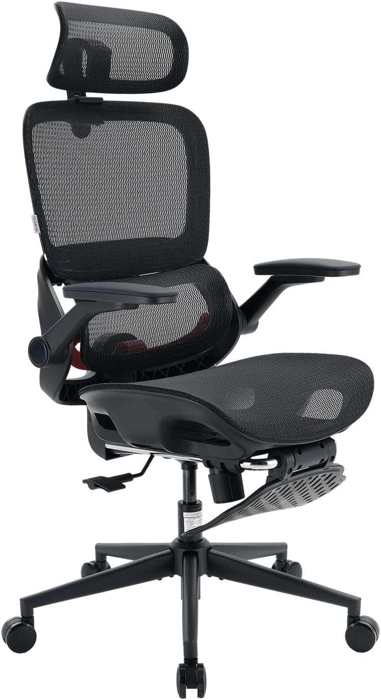 B100 Office Chair, Comfy Ergonomic Office Chair, High Back Computer Chair with Adaptive Lumbar Support & wide Headrest, Flip-up Armrests, Swivel Desk Chair for Long Hours, WITHOUT Footrest, Grey