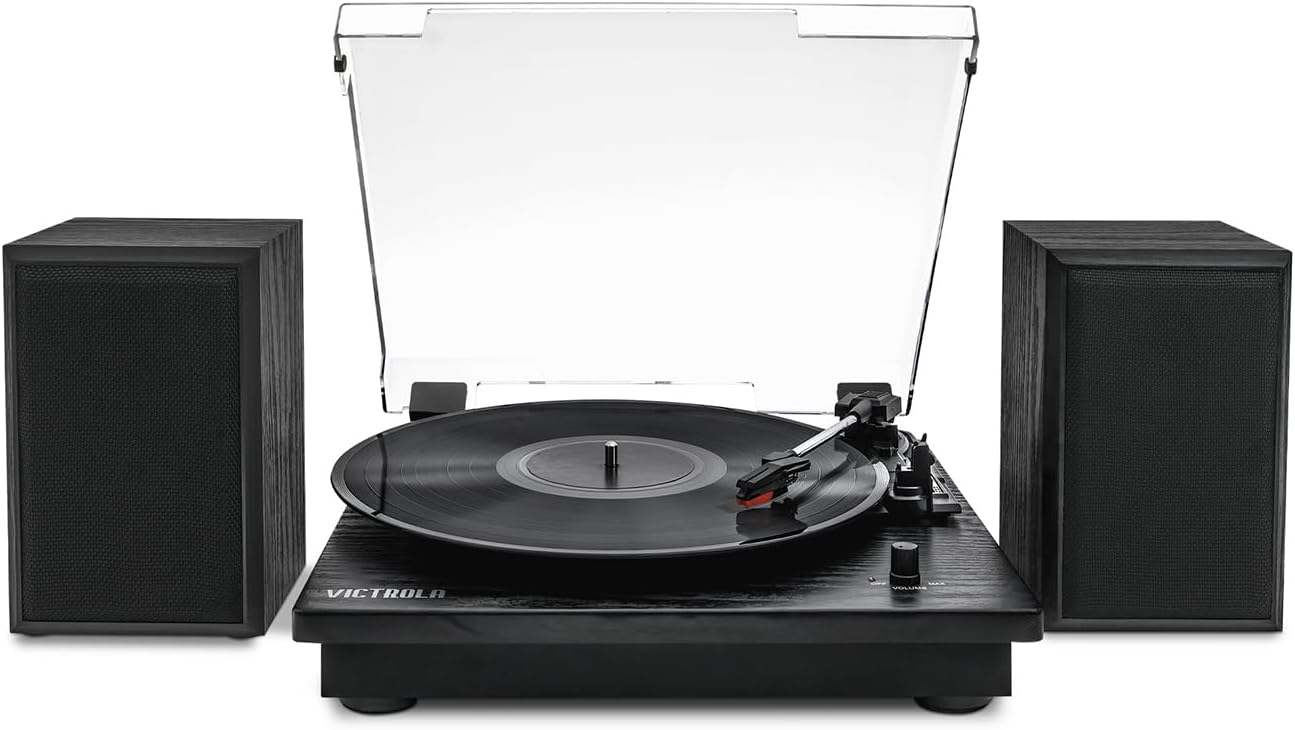 Victrola Quincy - 6-in-1 Bluetooth Record Player - Walnut | Plays vinyl, CD, cassette and FM radio through built-in stereo speakers, Bluetooth and aux streaming, headphone jack