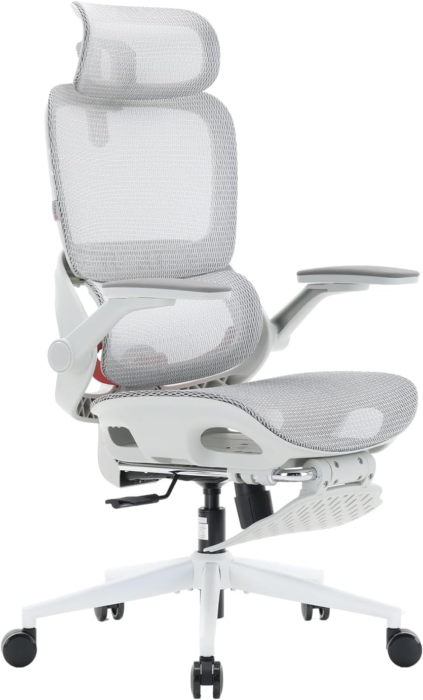 B100 Office Chair, Comfy Ergonomic Office Chair, High Back Computer Chair with Adaptive Lumbar Support & wide Headrest, Flip-up Armrests, Swivel Desk Chair for Long Hours, WITHOUT Footrest, Grey
