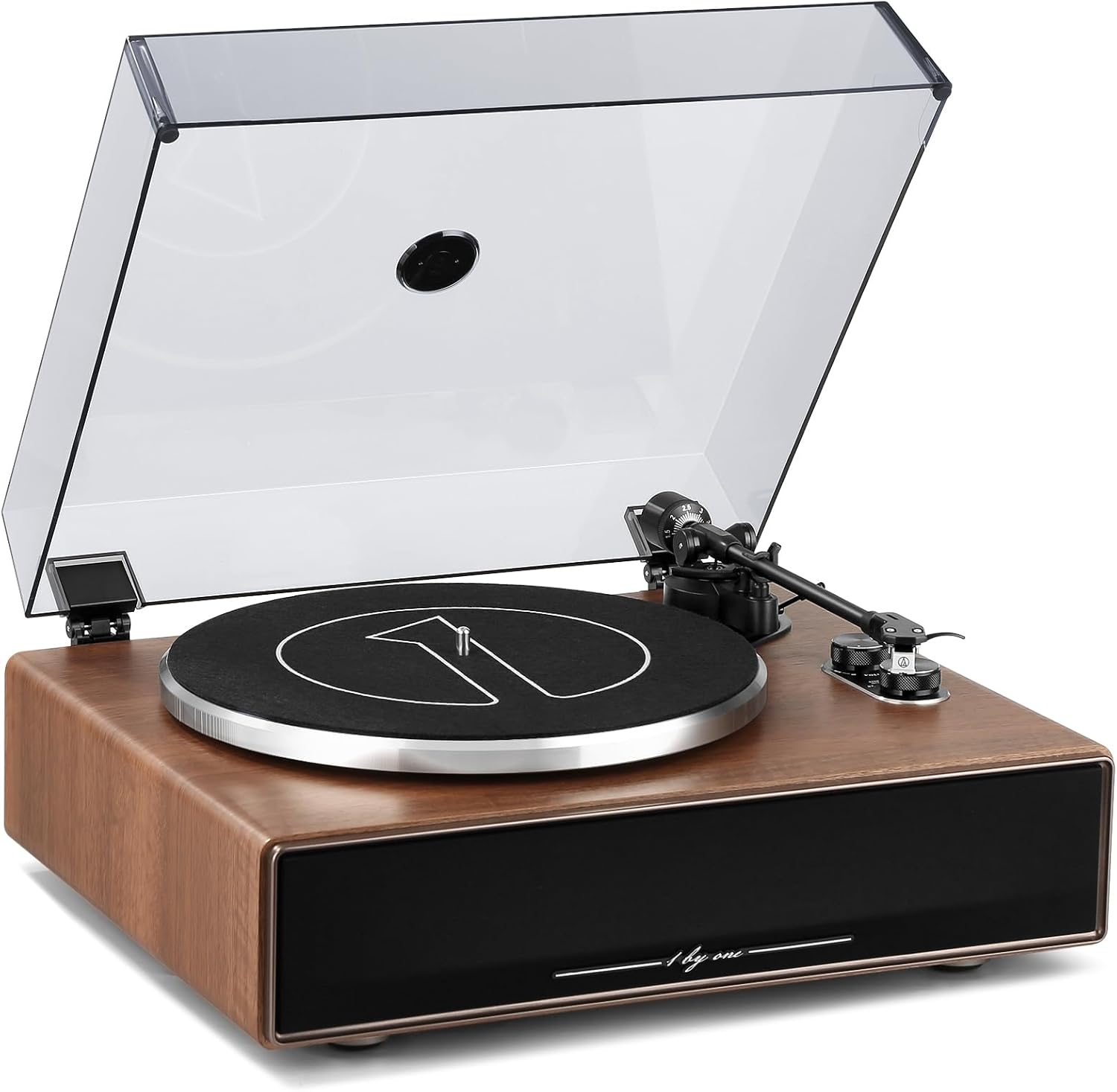 1 BY ONE High Fidelity Belt Drive Turntable with Built-in Speakers, Vinyl Record Player with Magnetic Cartridge, Wireless Playback and Aux-in Functionality, Auto Off