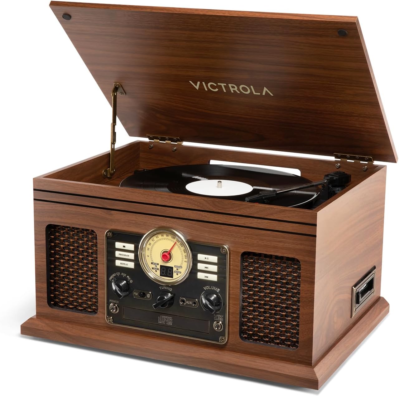 Victrola Quincy - 6-in-1 Bluetooth Record Player - Mahogany | Plays vinyl, CD, cassette and FM radio through built-in stereo speakers, Bluetooth and aux streaming, headphone jack