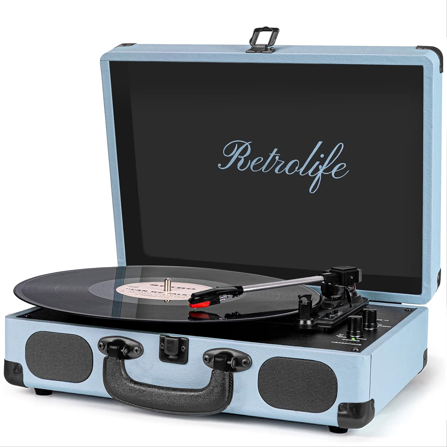 Retrolife Vinyl Record Player 3-Speed Bluetooth Suitcase Portable Belt-Driven Record Player with Built-in Speakers RCA Line Out AUX in Headphone Jack Vintage Turntable,Black
