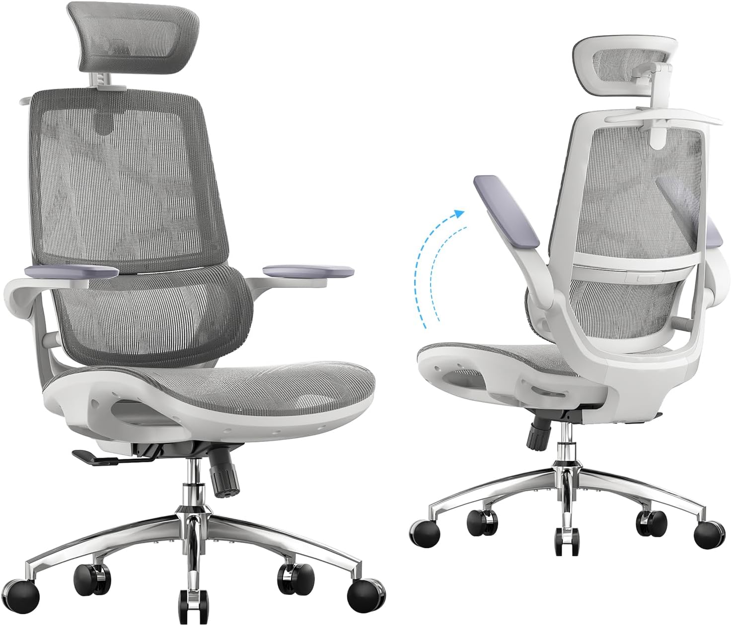 B100 Office Chair, Comfy Ergonomic Office Chair, High Back Computer Chair with Adaptive Lumbar Support & wide Headrest, Flip-up Armrests, Swivel Desk Chair for Long Hours, WITHOUT Footrest, Grey