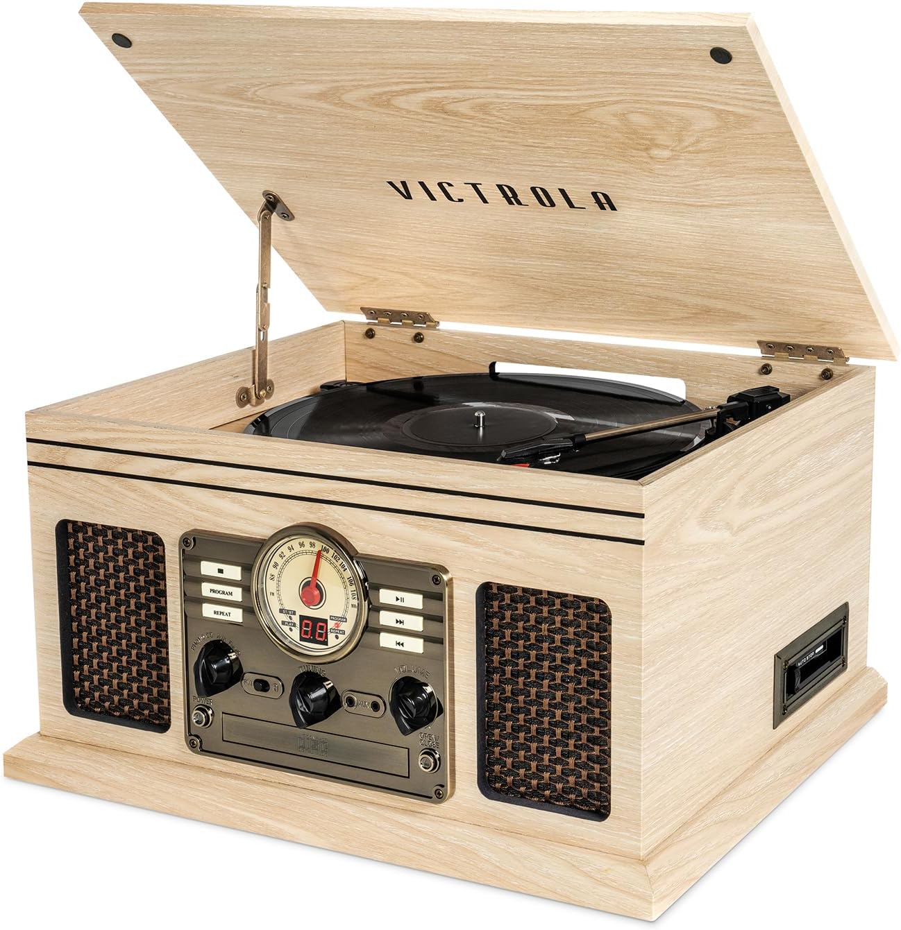 Victrola Quincy - 6-in-1 Bluetooth Record Player - Walnut | Plays vinyl, CD, cassette and FM radio through built-in stereo speakers, Bluetooth and aux streaming, headphone jack