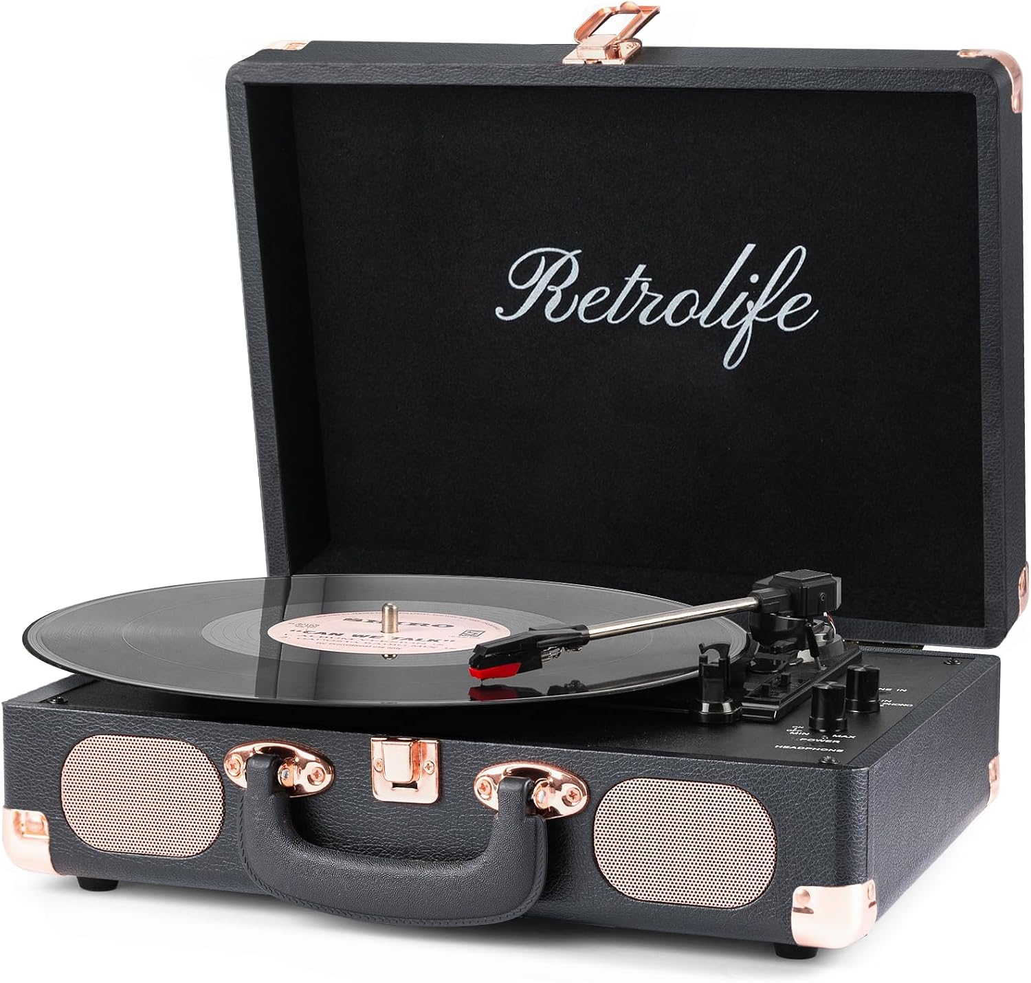 Retrolife Vinyl Record Player 3-Speed Bluetooth Suitcase Portable Belt-Driven Record Player with Built-in Speakers RCA Line Out AUX in Headphone Jack Vintage Turntable,Black