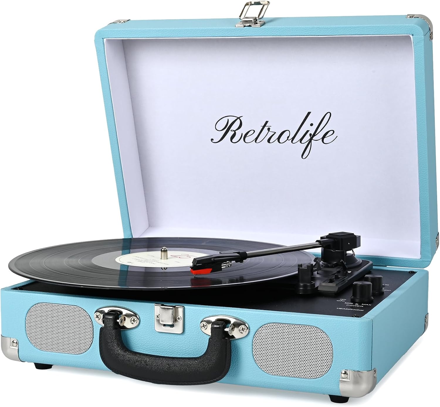 Retrolife Vinyl Record Player 3-Speed Bluetooth Suitcase Portable Belt-Driven Record Player with Built-in Speakers RCA Line Out AUX in Headphone Jack Vintage Turntable,Black