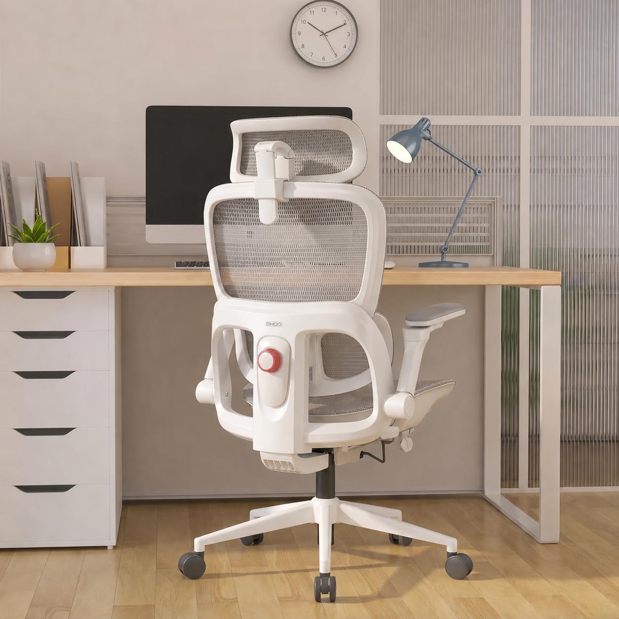 B100 Office Chair, Comfy Ergonomic Office Chair, High Back Computer Chair with Adaptive Lumbar Support & wide Headrest, Flip-up Armrests, Swivel Desk Chair for Long Hours, WITHOUT Footrest, Grey