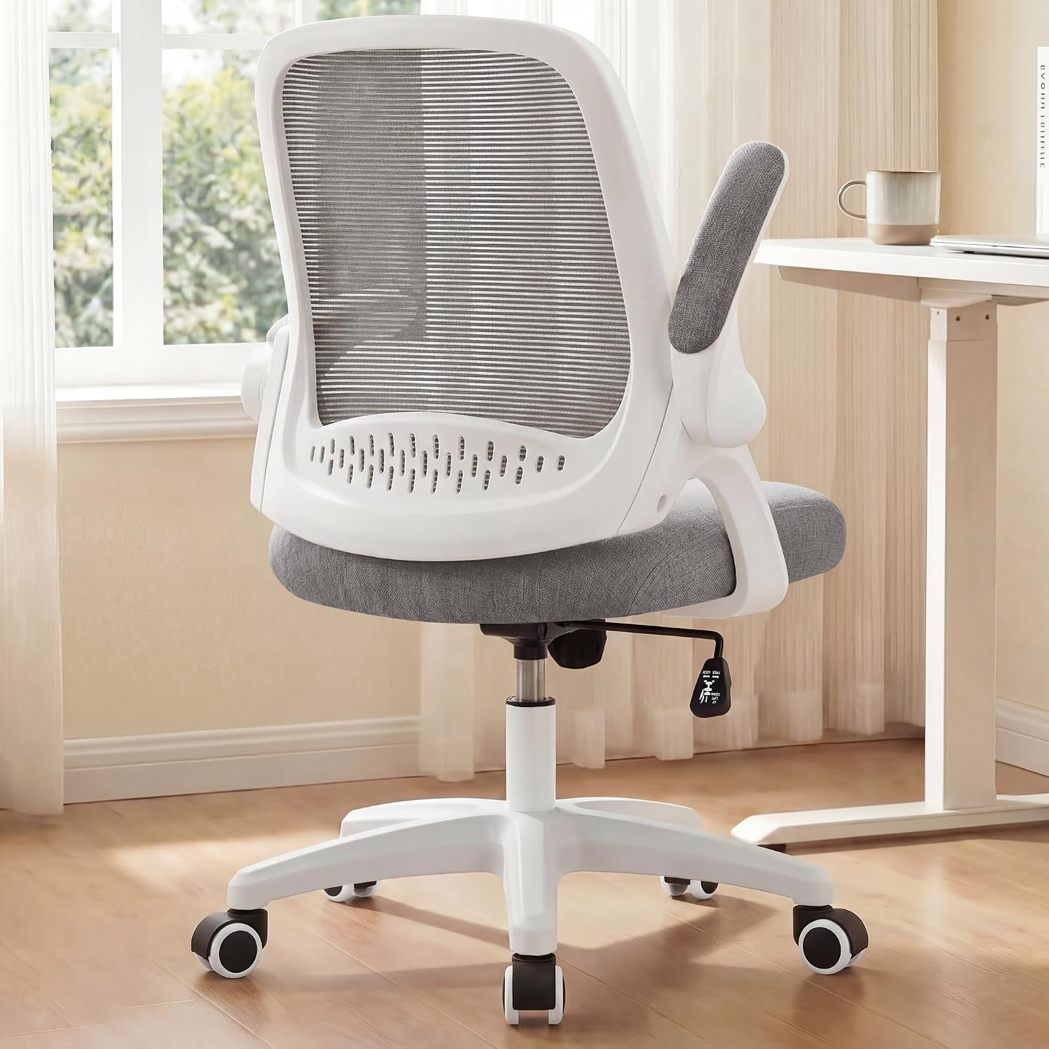 Office Desk Gaming Ergonomic Computer Chair with Lumbar Back Support Adjustable Height Swivel Rolling Wheels Flip-up Arms Mesh Chair for Home Vanity (Ivory)