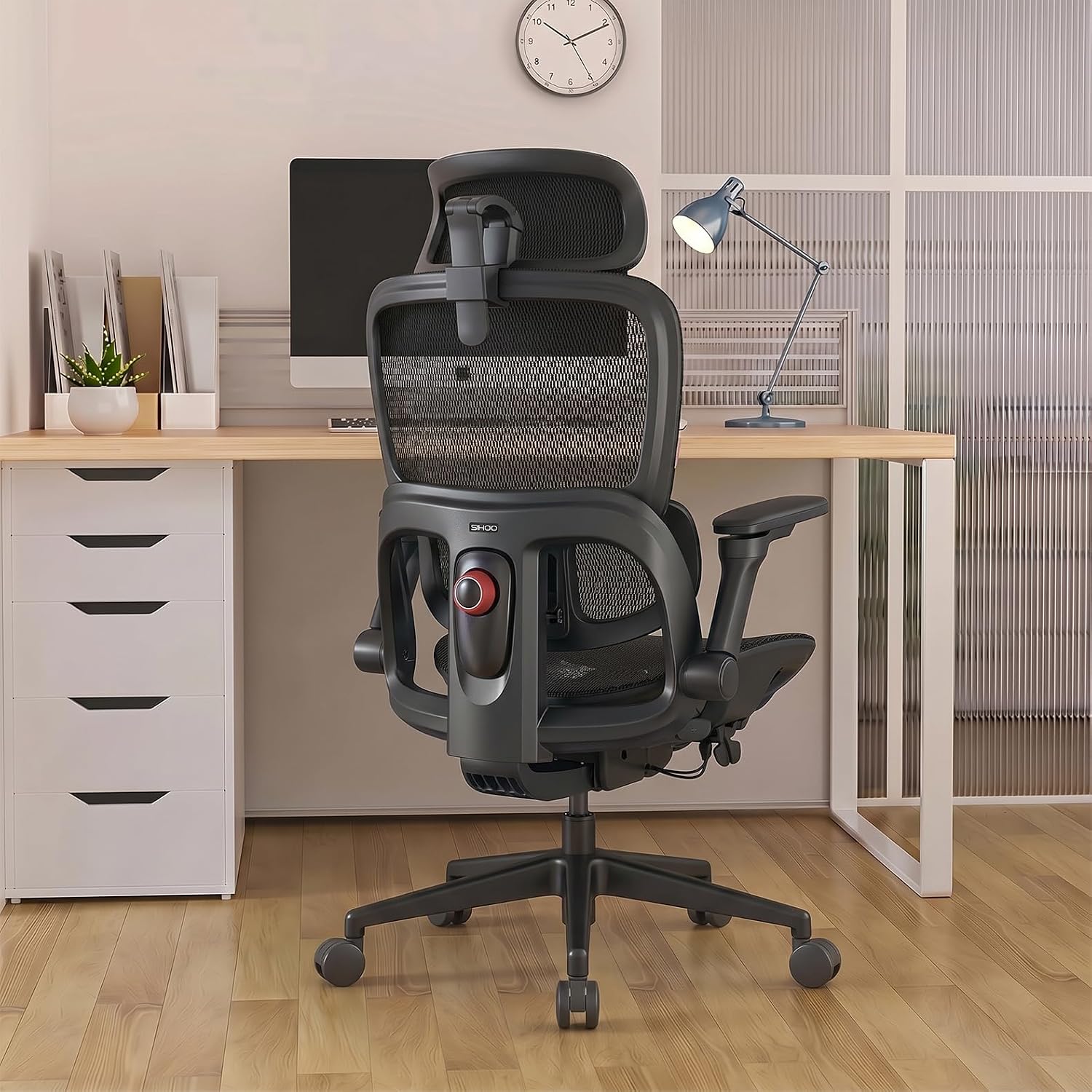 B100 Office Chair, Comfy Ergonomic Office Chair, High Back Computer Chair with Adaptive Lumbar Support & wide Headrest, Flip-up Armrests, Swivel Desk Chair for Long Hours, WITHOUT Footrest, Grey