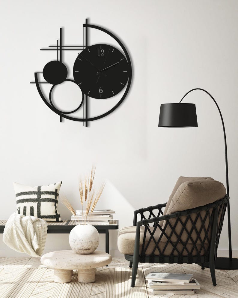 Modern Metal Wall Clock Large, Geometric Black Wall Clocks, Unusual Mid Century Modern Decor
