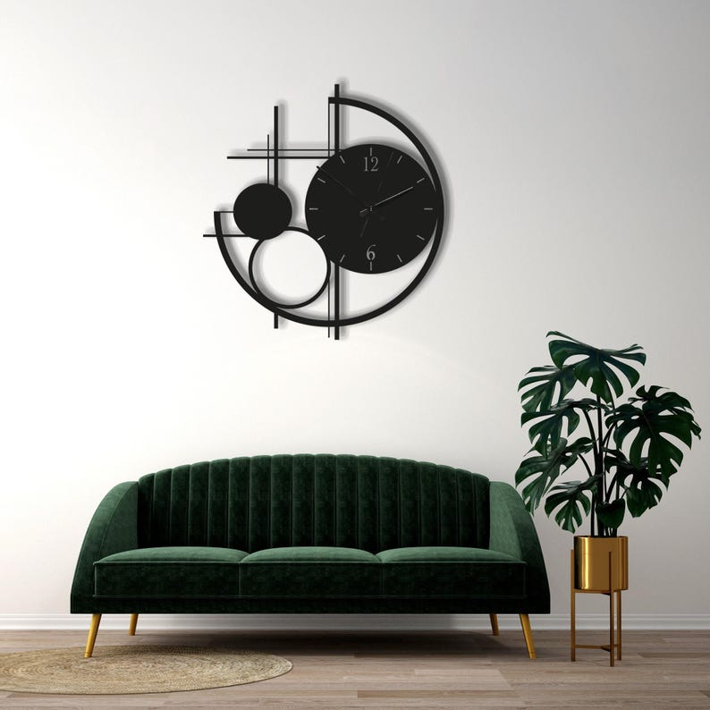 Modern Metal Wall Clock Large, Geometric Black Wall Clocks, Unusual Mid Century Modern Decor