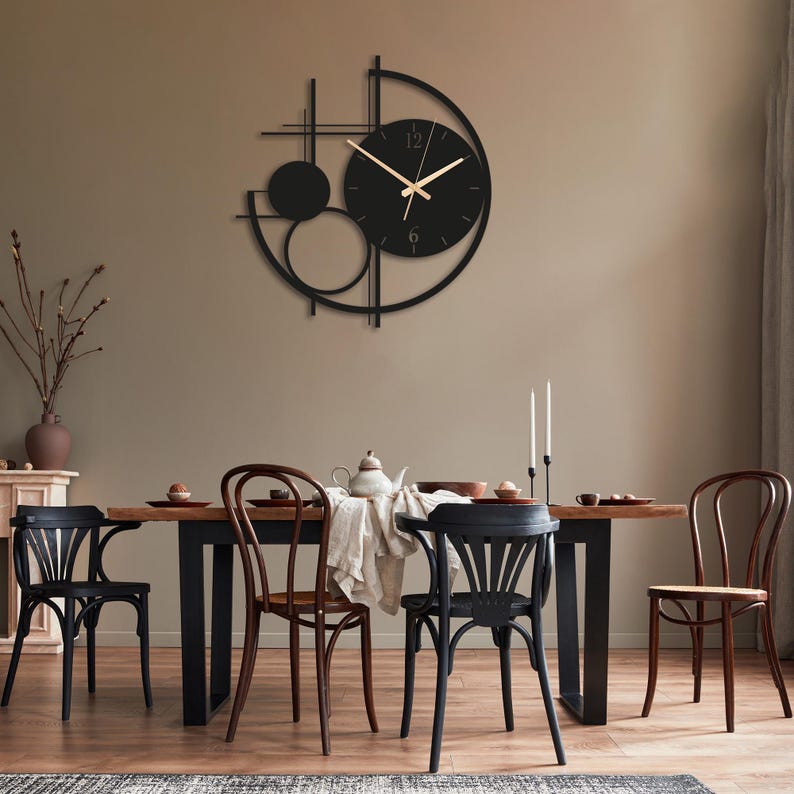 Modern Metal Wall Clock Large, Geometric Black Wall Clocks, Unusual Mid Century Modern Decor