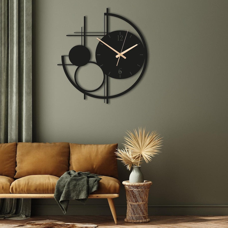 Modern Metal Wall Clock Large, Geometric Black Wall Clocks, Unusual Mid Century Modern Decor
