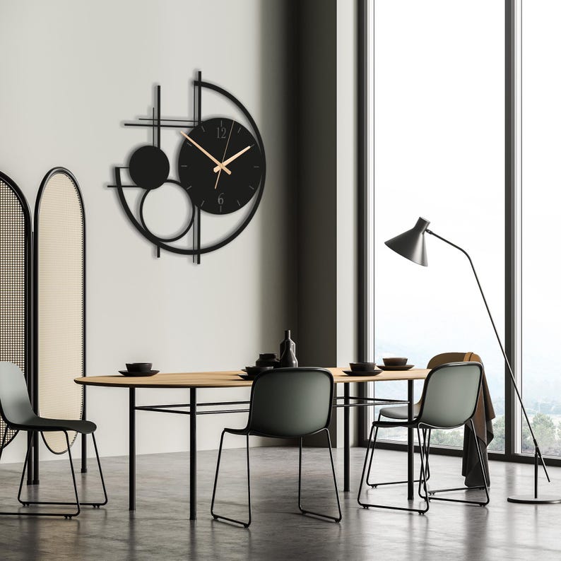 Modern Metal Wall Clock Large, Geometric Black Wall Clocks, Unusual Mid Century Modern Decor