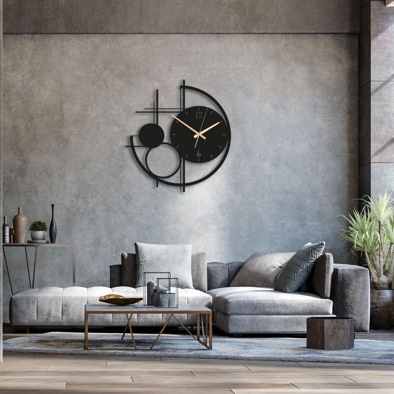 Modern Metal Wall Clock Large, Geometric Black Wall Clocks, Unusual Mid Century Modern Decor