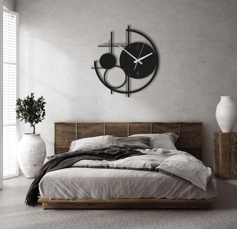 Modern Metal Wall Clock Large, Geometric Black Wall Clocks, Unusual Mid Century Modern Decor