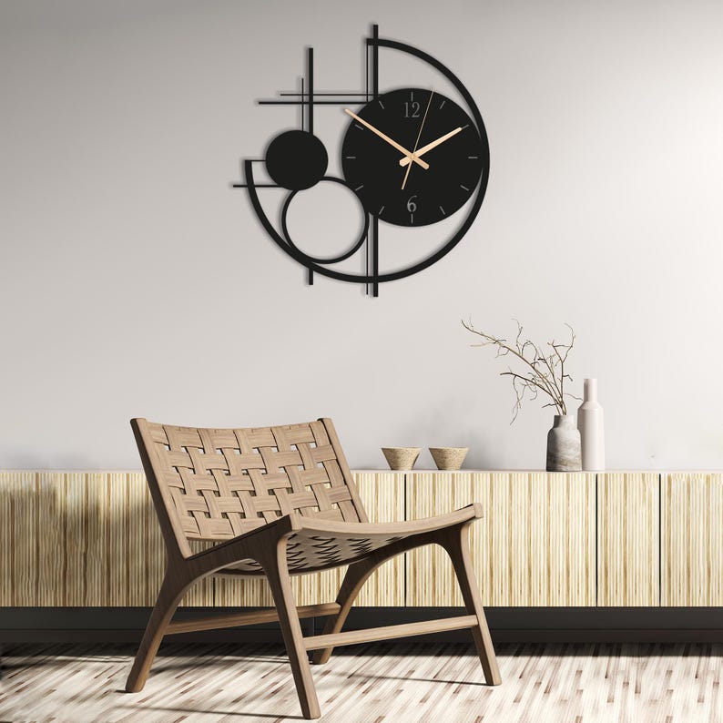 Modern Metal Wall Clock Large, Geometric Black Wall Clocks, Unusual Mid Century Modern Decor