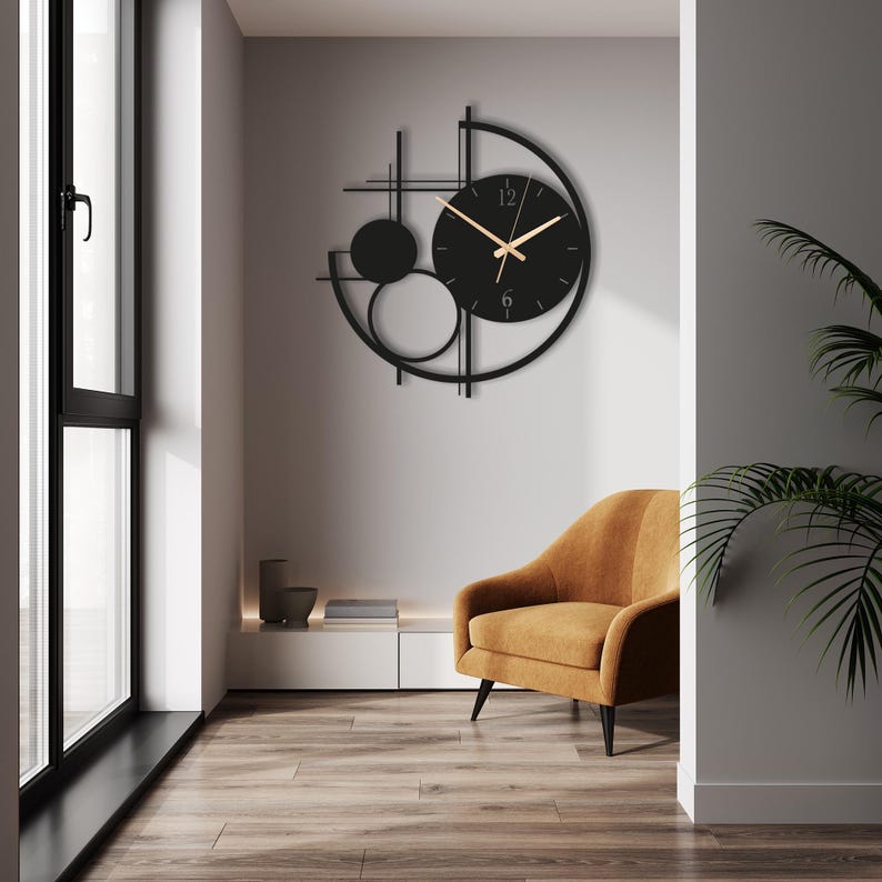 Modern Metal Wall Clock Large, Geometric Black Wall Clocks, Unusual Mid Century Modern Decor