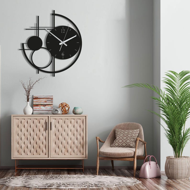 Modern Metal Wall Clock Large, Geometric Black Wall Clocks, Unusual Mid Century Modern Decor