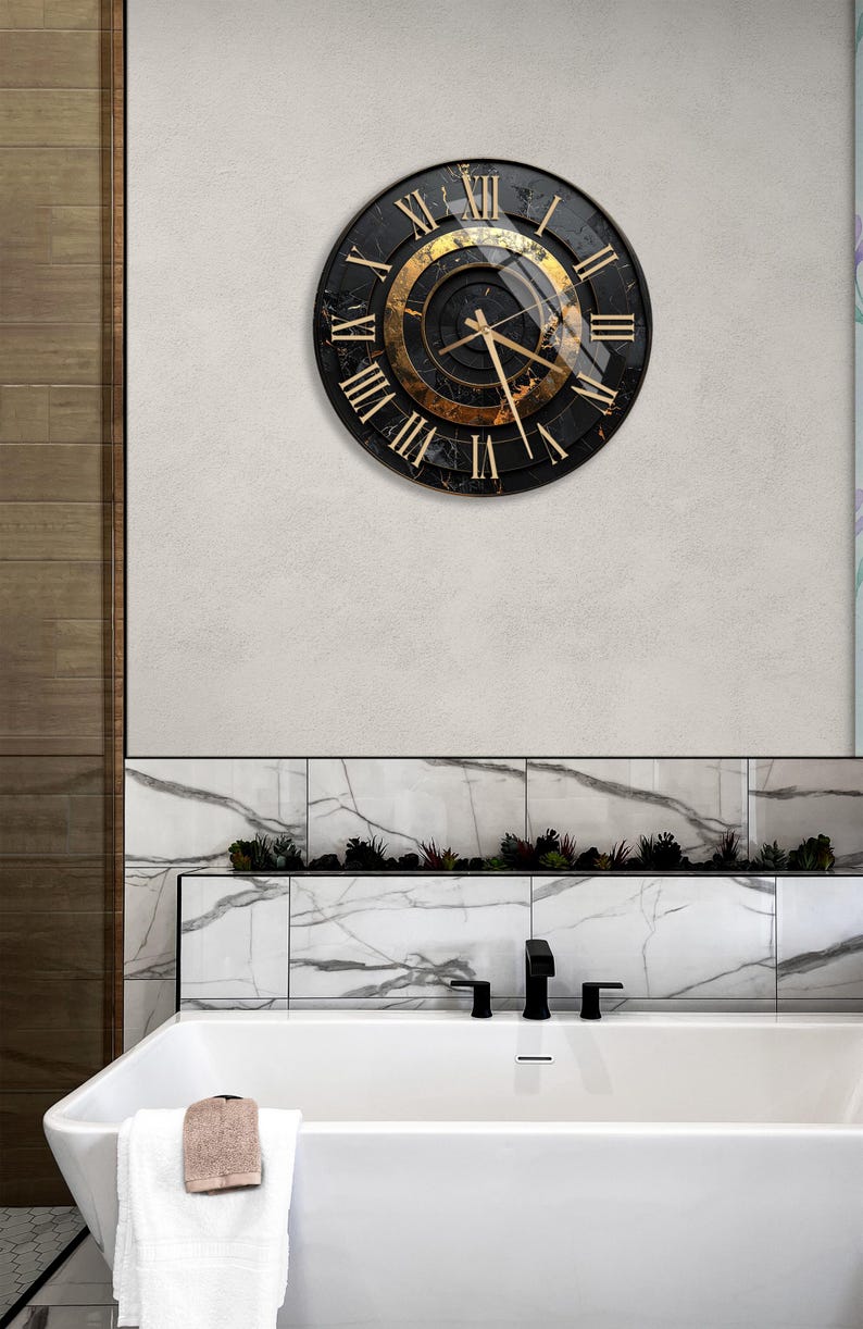 Elegant Black Gold Tempered Glass Wall Clock, Modern Decorative Clock, Unique Design, Home Decor, Statement Piece, Functional Art
