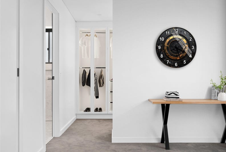 Elegant Black Gold Tempered Glass Wall Clock, Modern Decorative Clock, Unique Design, Home Decor, Statement Piece, Functional Art
