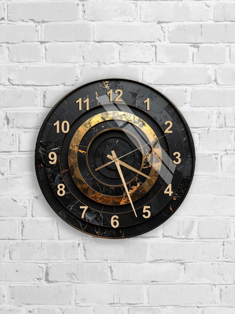 Elegant Black Gold Tempered Glass Wall Clock, Modern Decorative Clock, Unique Design, Home Decor, Statement Piece, Functional Art