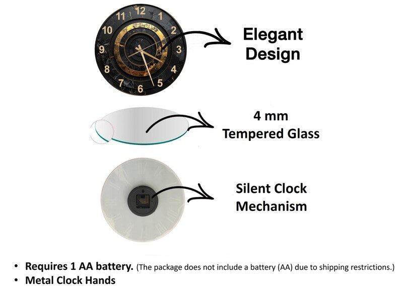 Elegant Black Gold Tempered Glass Wall Clock, Modern Decorative Clock, Unique Design, Home Decor, Statement Piece, Functional Art