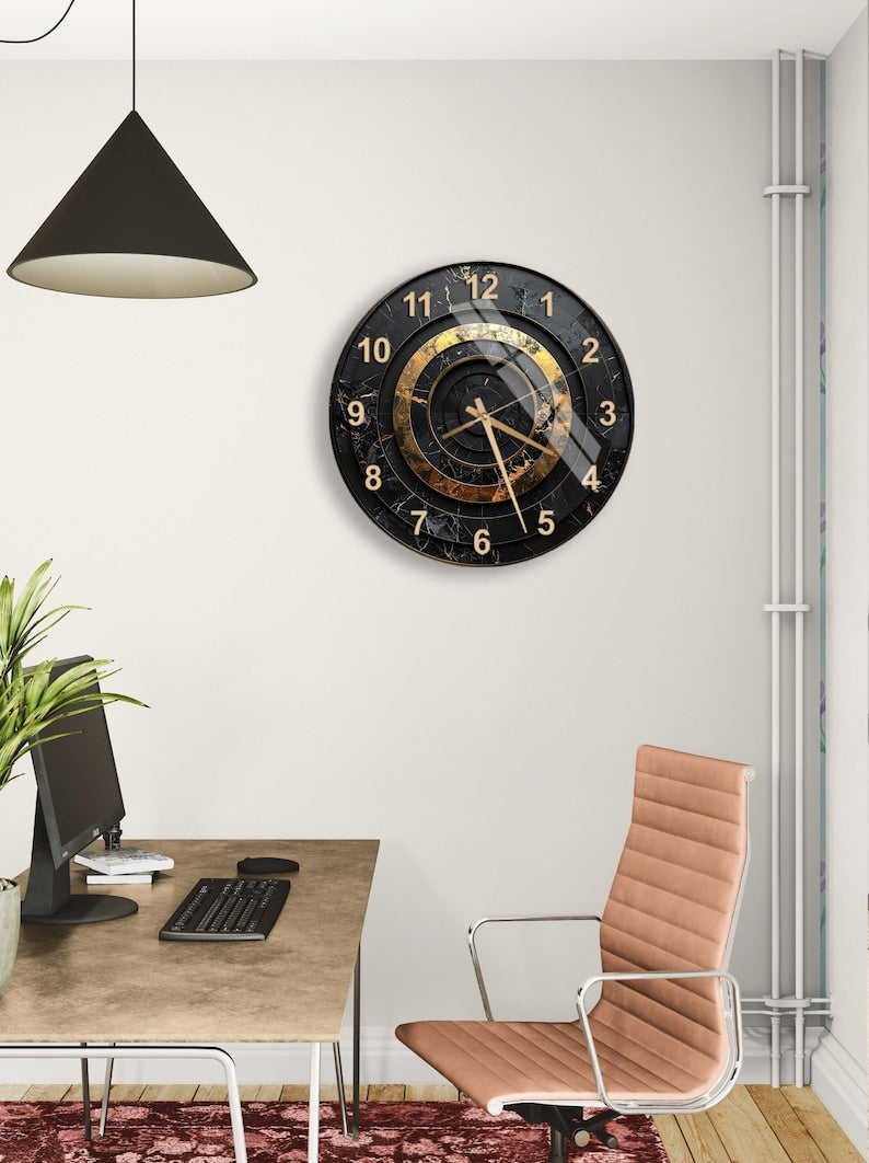 Elegant Black Gold Tempered Glass Wall Clock, Modern Decorative Clock, Unique Design, Home Decor, Statement Piece, Functional Art