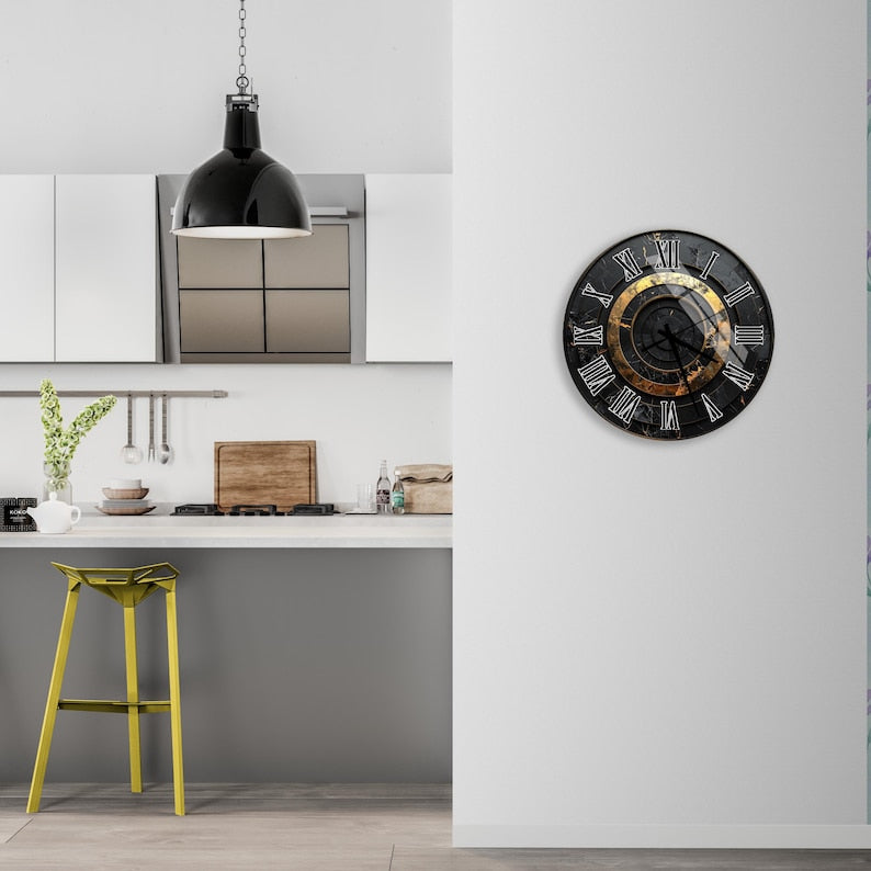 Elegant Black Gold Tempered Glass Wall Clock, Modern Decorative Clock, Unique Design, Home Decor, Statement Piece, Functional Art