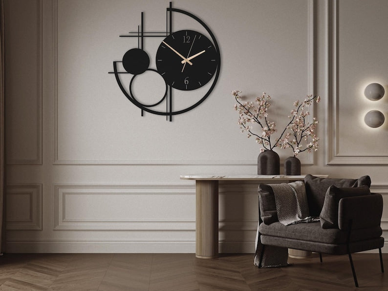 Modern Metal Wall Clock Large, Geometric Black Wall Clocks, Unusual Mid Century Modern Decor