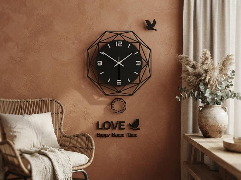 Modern Geometric Acrylic Wall Clock, Silent Swinging Pendulum, Contemporary Home Decor