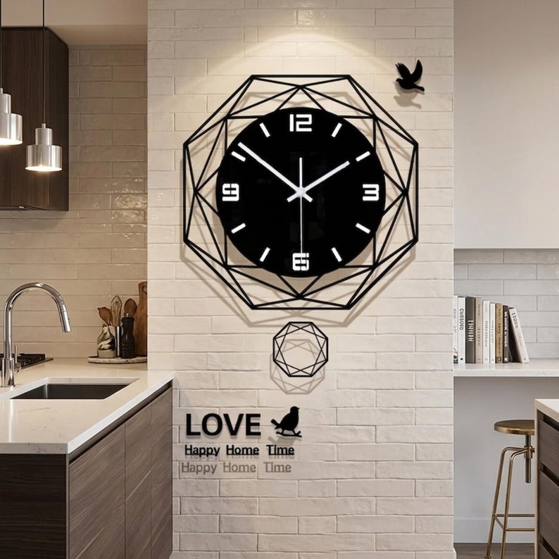 Modern Geometric Acrylic Wall Clock, Silent Swinging Pendulum, Contemporary Home Decor