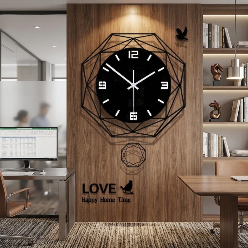 Modern Geometric Acrylic Wall Clock, Silent Swinging Pendulum, Contemporary Home Decor