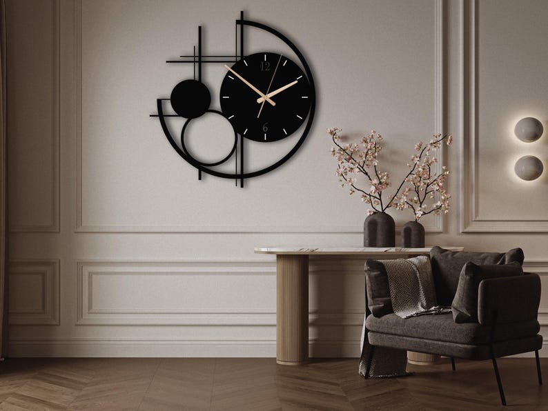 Modern Metal Wall Clock Large, Geometric Black Wall Clocks, Unusual Mid Century Modern Decor