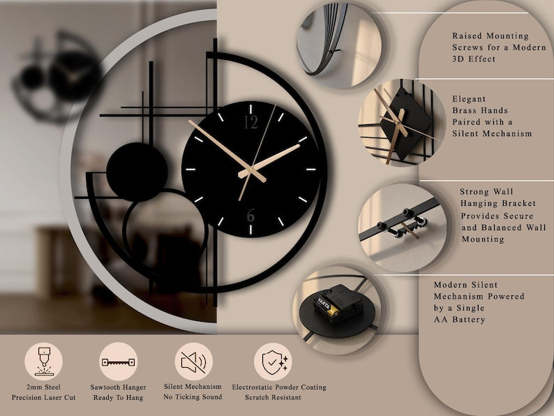 Modern Metal Wall Clock Large, Geometric Black Wall Clocks, Unusual Mid Century Modern Decor