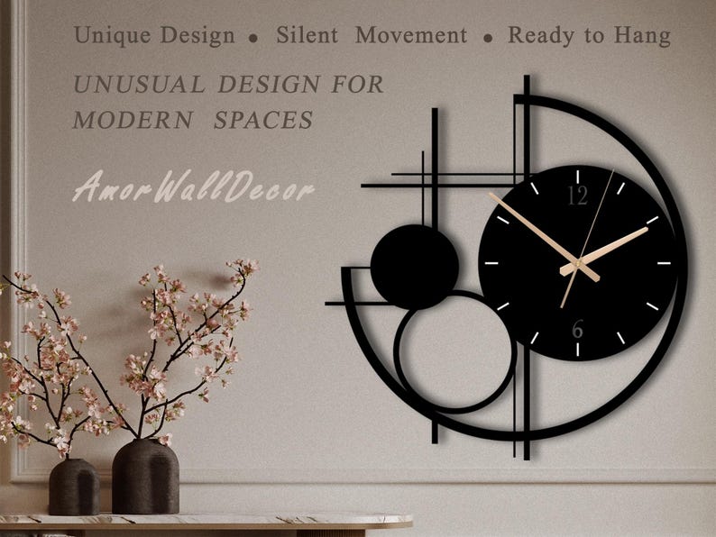 Modern Metal Wall Clock Large, Geometric Black Wall Clocks, Unusual Mid Century Modern Decor