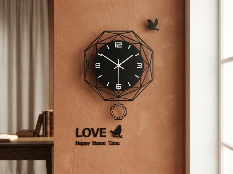 Modern Geometric Acrylic Wall Clock, Silent Swinging Pendulum, Contemporary Home Decor