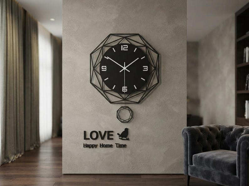 Modern Geometric Acrylic Wall Clock, Silent Swinging Pendulum, Contemporary Home Decor