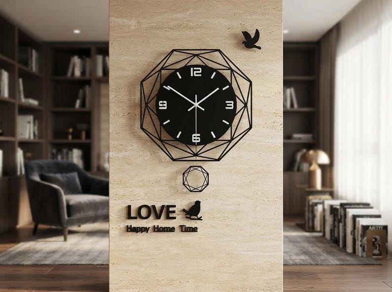 Modern Geometric Acrylic Wall Clock, Silent Swinging Pendulum, Contemporary Home Decor