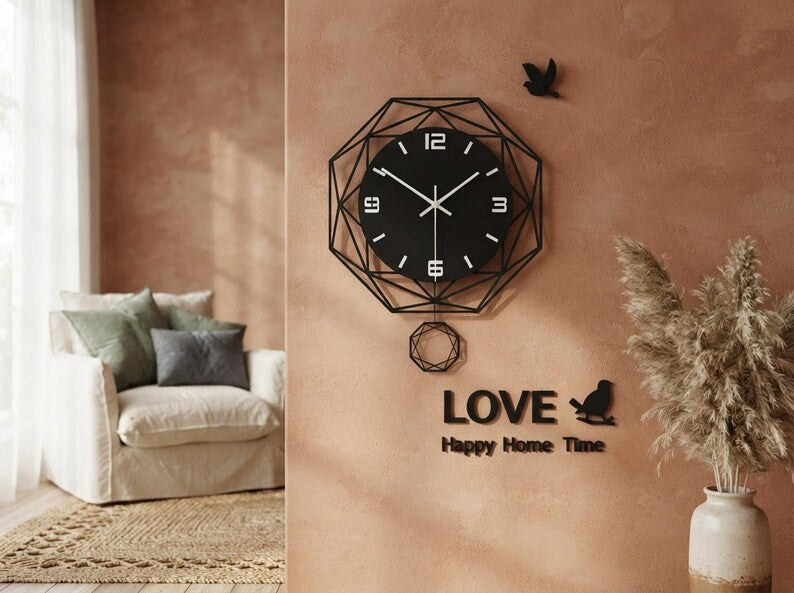 Modern Geometric Acrylic Wall Clock, Silent Swinging Pendulum, Contemporary Home Decor