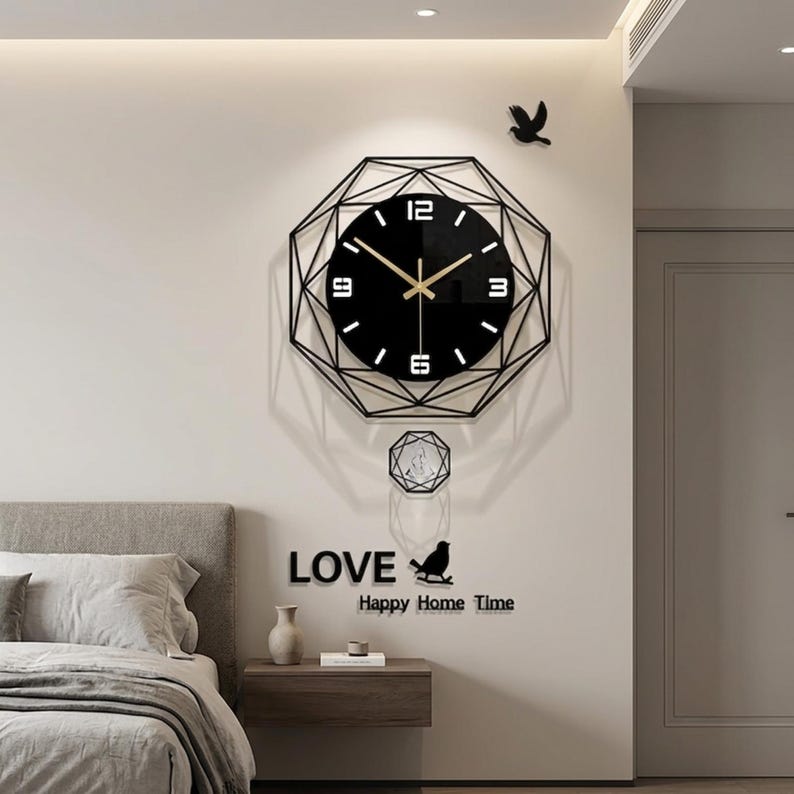 Modern Geometric Acrylic Wall Clock, Silent Swinging Pendulum, Contemporary Home Decor