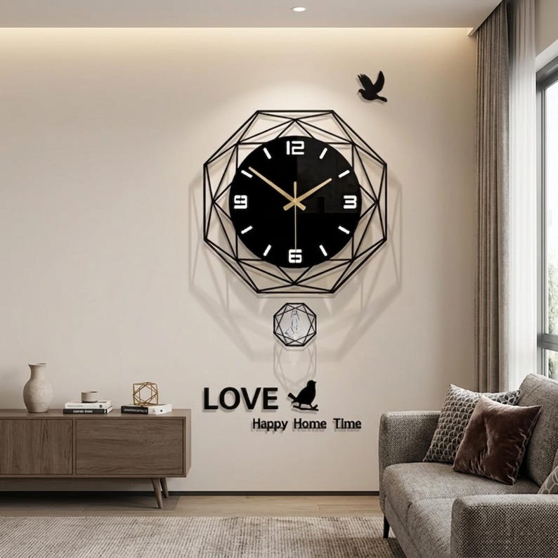 Modern Geometric Acrylic Wall Clock, Silent Swinging Pendulum, Contemporary Home Decor